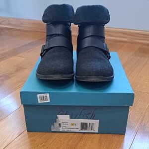 Blowfish Black Soft Herringbone Flannel Ankle Boots with Buckle Strap